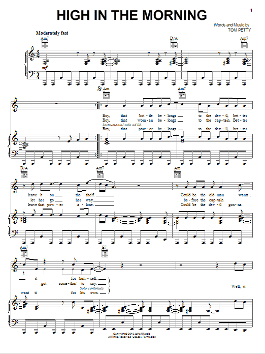 Learn to play Tom Petty And The Heartbreakers High In The Morning sheet music for Piano, Vocal & Guitar Chords (Right-Hand Melody) in minutes. Price: 7.8900$ Tom Petty And The Heartbreakers High In The Morning sheet music notes and chords arranged for Piano, Vocal & Guitar Chords (Right-Hand Melody)