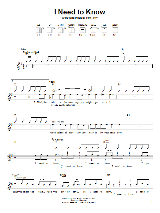 Tom Petty And The Heartbreakers I Need To Know sheet music notes and chords. Download Printable PDF.