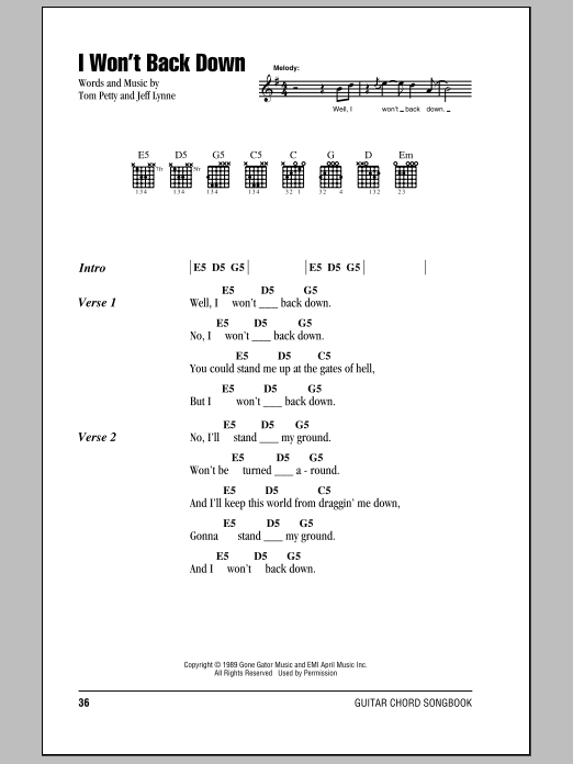 Tom Petty And The Heartbreakers I Won't Back Down sheet music notes and chords. Download Printable PDF.