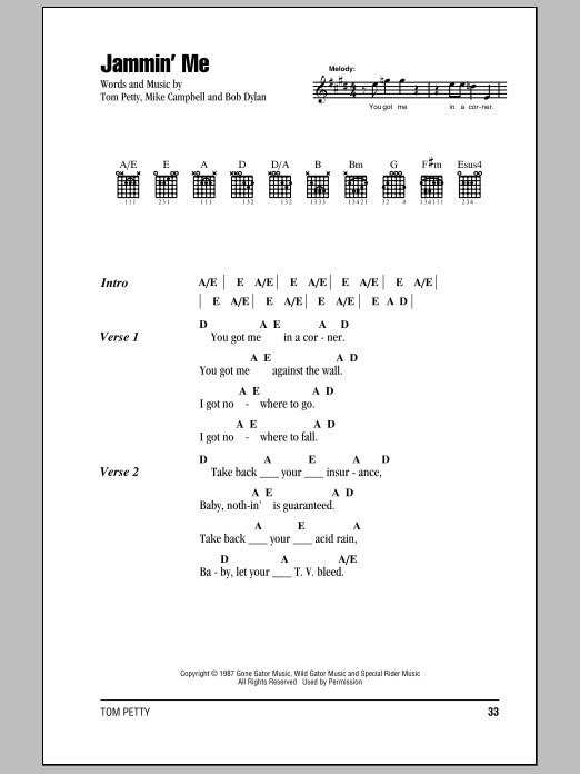 Learn to play Tom Petty And The Heartbreakers Jammin' Me sheet music for Guitar Chords/Lyrics in minutes. Price: 4.4900$ Tom Petty And The Heartbreakers Jammin' Me sheet music notes and chords arranged for Guitar Chords/Lyrics