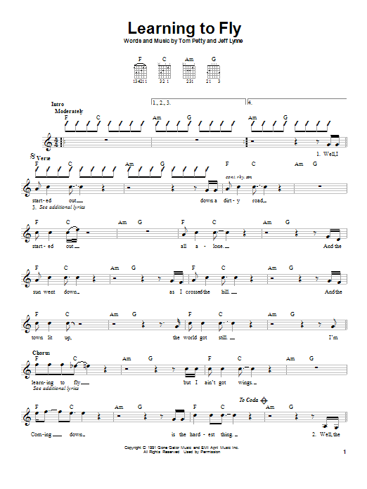 Tom Petty And The Heartbreakers Learning To Fly sheet music notes and chords. Download Printable PDF.