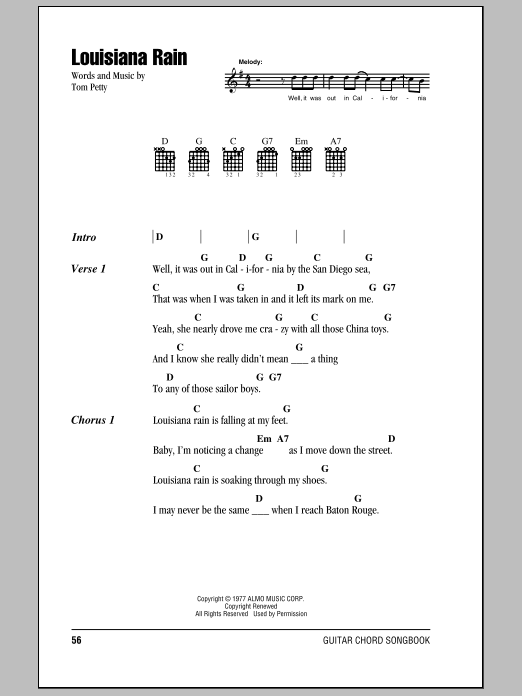 Tom Petty And The Heartbreakers Louisiana Rain sheet music notes and chords. Download Printable PDF.