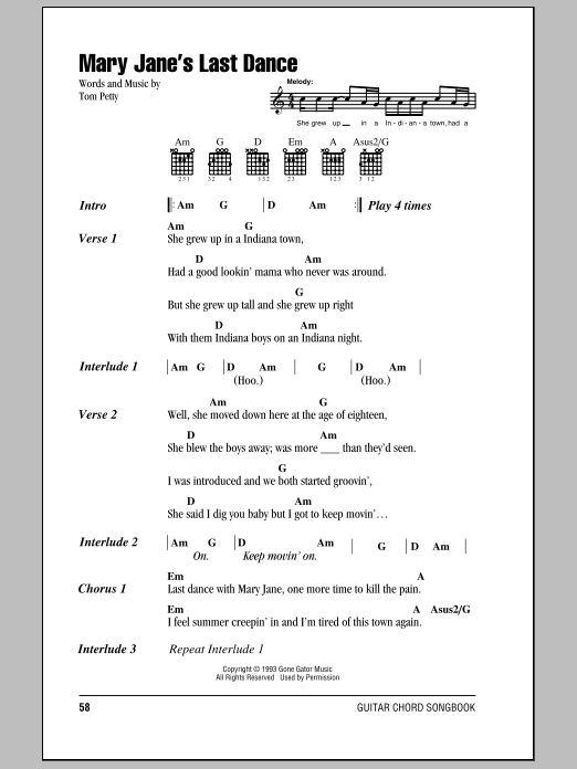 Tom Petty And The Heartbreakers Mary Jane's Last Dance sheet music notes and chords. Download Printable PDF.