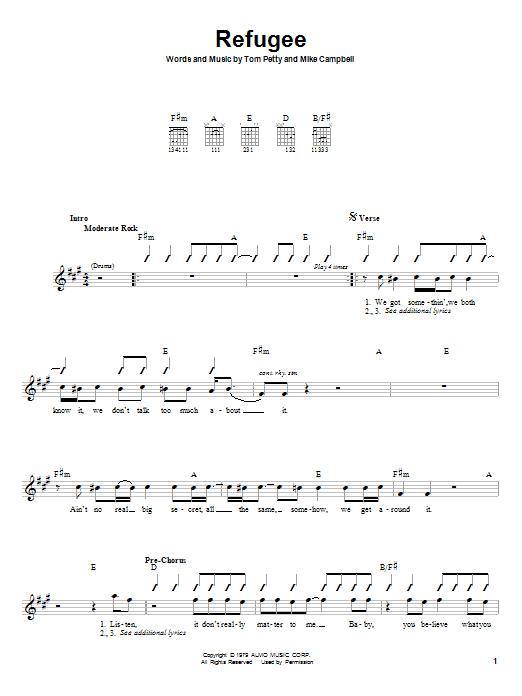 Tom Petty And The Heartbreakers Refugee sheet music notes and chords arranged for Easy Guitar Tab