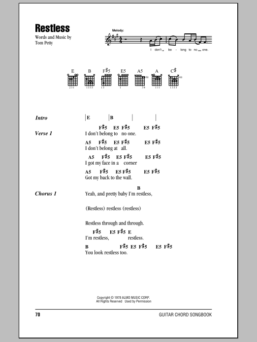 Tom Petty And The Heartbreakers Restless sheet music notes and chords. Download Printable PDF.