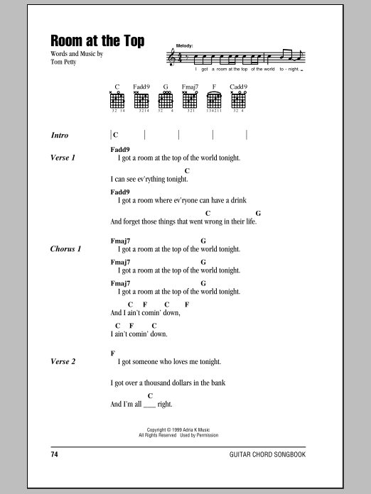 Tom Petty And The Heartbreakers Room At The Top sheet music notes and chords. Download Printable PDF.