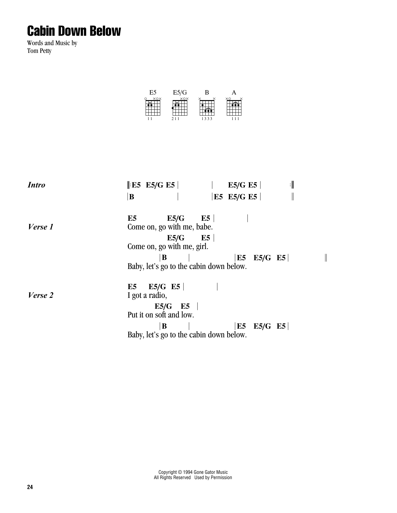 Tom Petty Cabin Down Below sheet music notes and chords. Download Printable PDF.