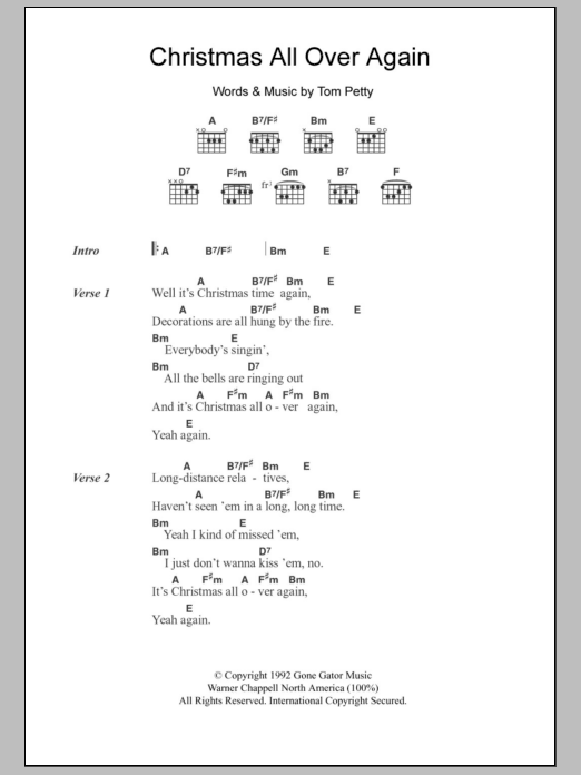 Learn to play Tom Petty Christmas All Over Again sheet music for Guitar Chords/Lyrics in minutes. Price: 4.4900$ Tom Petty Christmas All Over Again sheet music notes and chords arranged for Guitar Chords/Lyrics