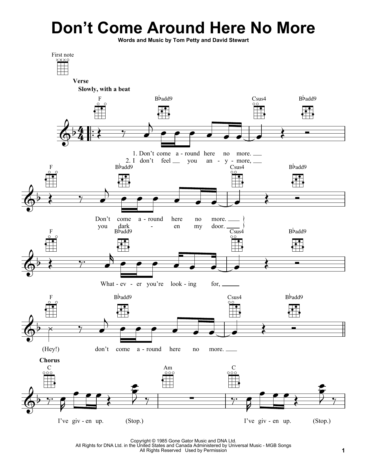 Learn to play Tom Petty Don't Come Around Here No More sheet music for Ukulele in minutes. Price: 5.9900$ Tom Petty Don't Come Around Here No More sheet music notes and chords arranged for Ukulele