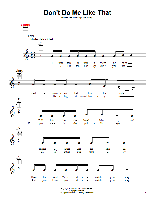 Learn to play Tom Petty Don't Do Me Like That sheet music for Ukulele in minutes. Price: 5.9900$ Tom Petty Don't Do Me Like That sheet music notes and chords arranged for Ukulele