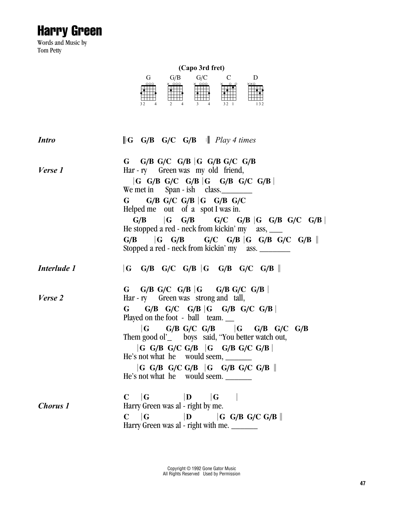 Tom Petty Harry Green sheet music notes and chords. Download Printable PDF.