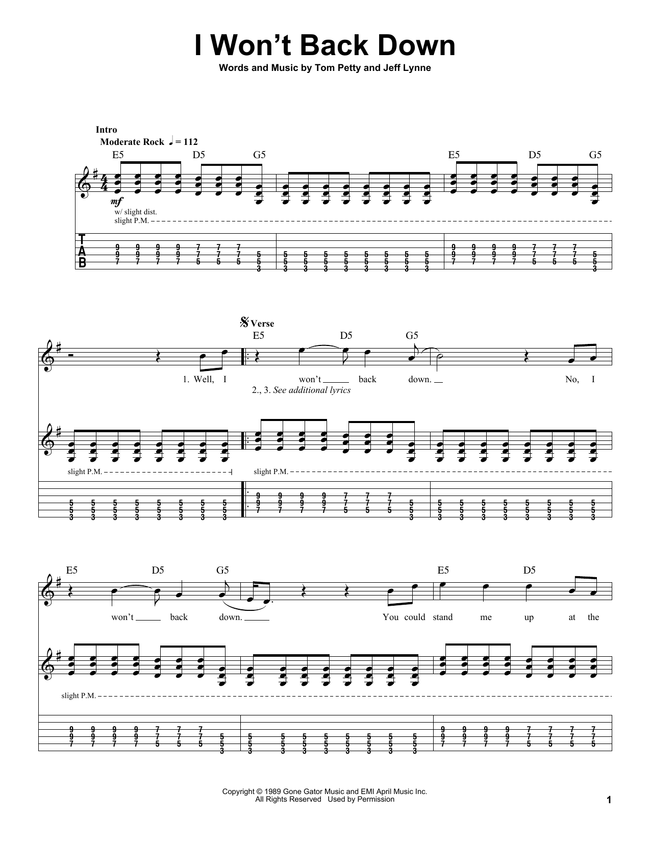 Tom Petty I Won't Back Down sheet music notes and chords. Download Printable PDF.