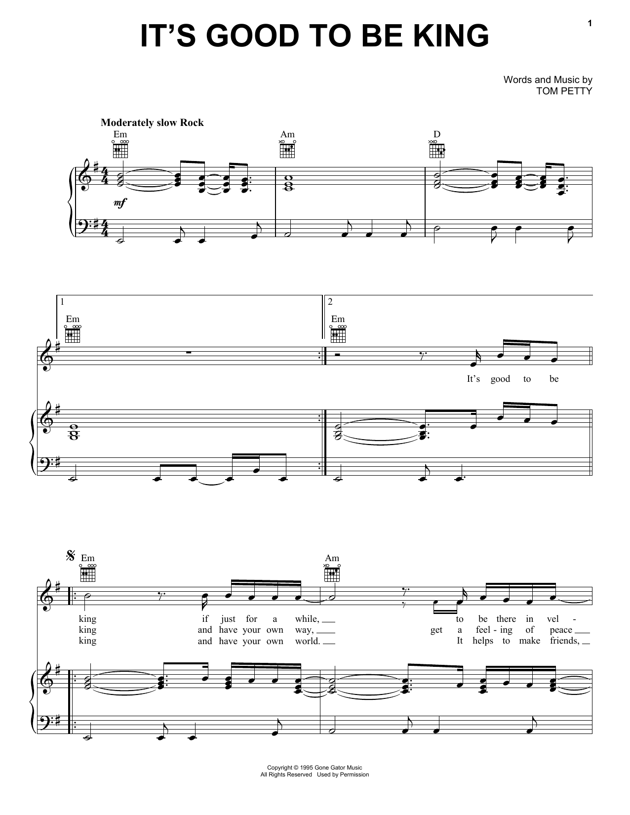 Learn to play Tom Petty It's Good To Be King sheet music for Piano, Vocal & Guitar Chords (Right-Hand Melody) in minutes. Price: 7.8900$ Tom Petty It's Good To Be King sheet music notes and chords arranged for Piano, Vocal & Guitar Chords (Right-Hand Melody)