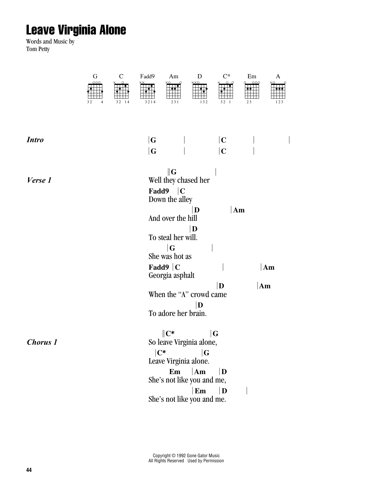 Tom Petty Leave Virginia Alone sheet music notes and chords. Download Printable PDF.