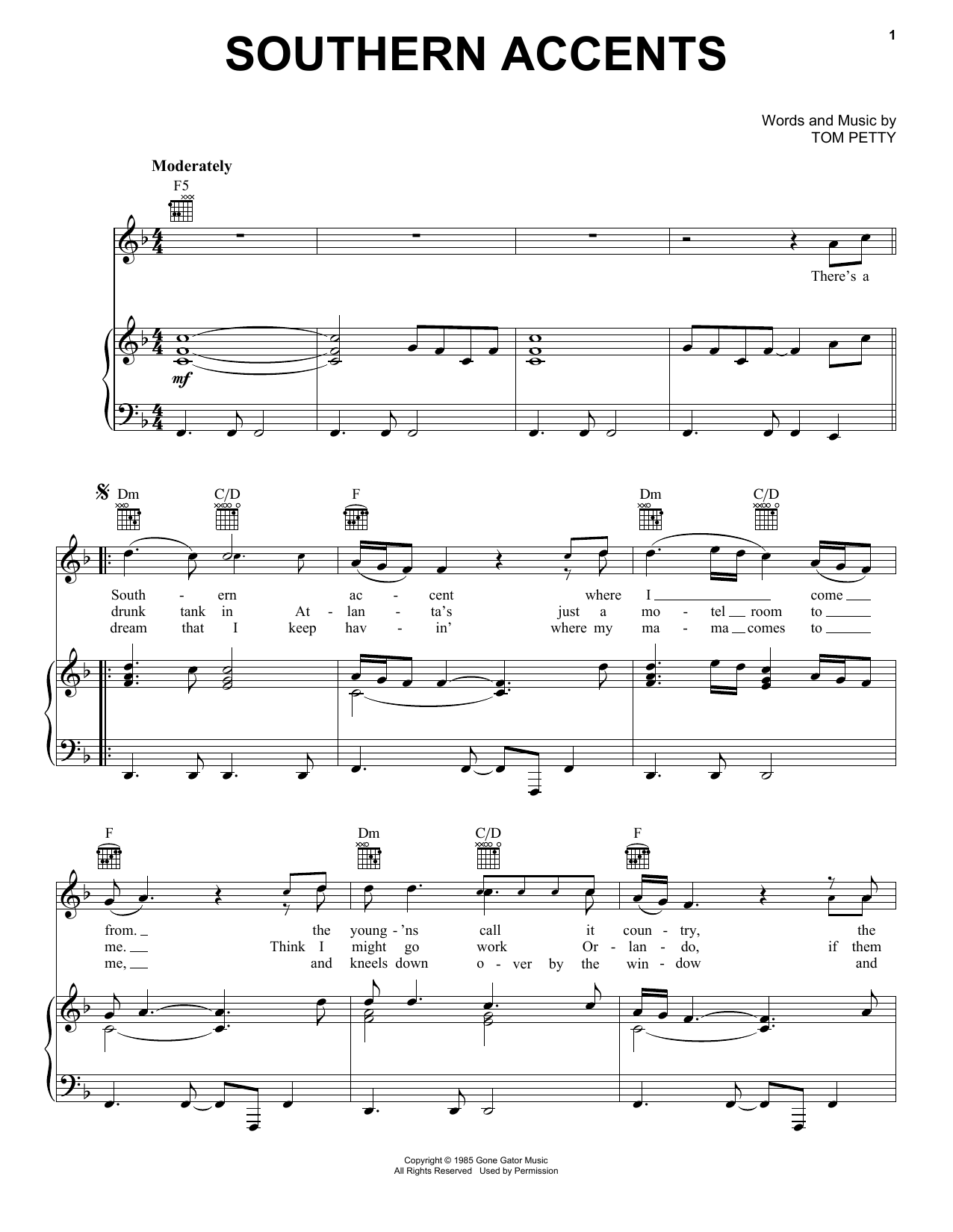 Learn to play Tom Petty Southern Accents sheet music for Piano, Vocal & Guitar Chords (Right-Hand Melody) in minutes. Price: 7.8900$ Tom Petty Southern Accents sheet music notes and chords arranged for Piano, Vocal & Guitar Chords (Right-Hand Melody)