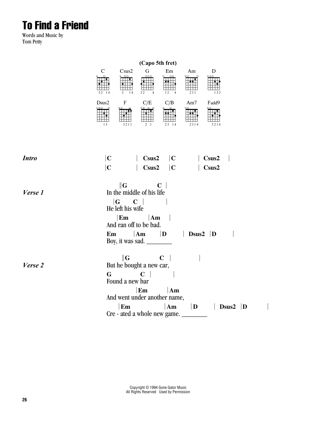 Tom Petty To Find A Friend sheet music notes and chords. Download Printable PDF.