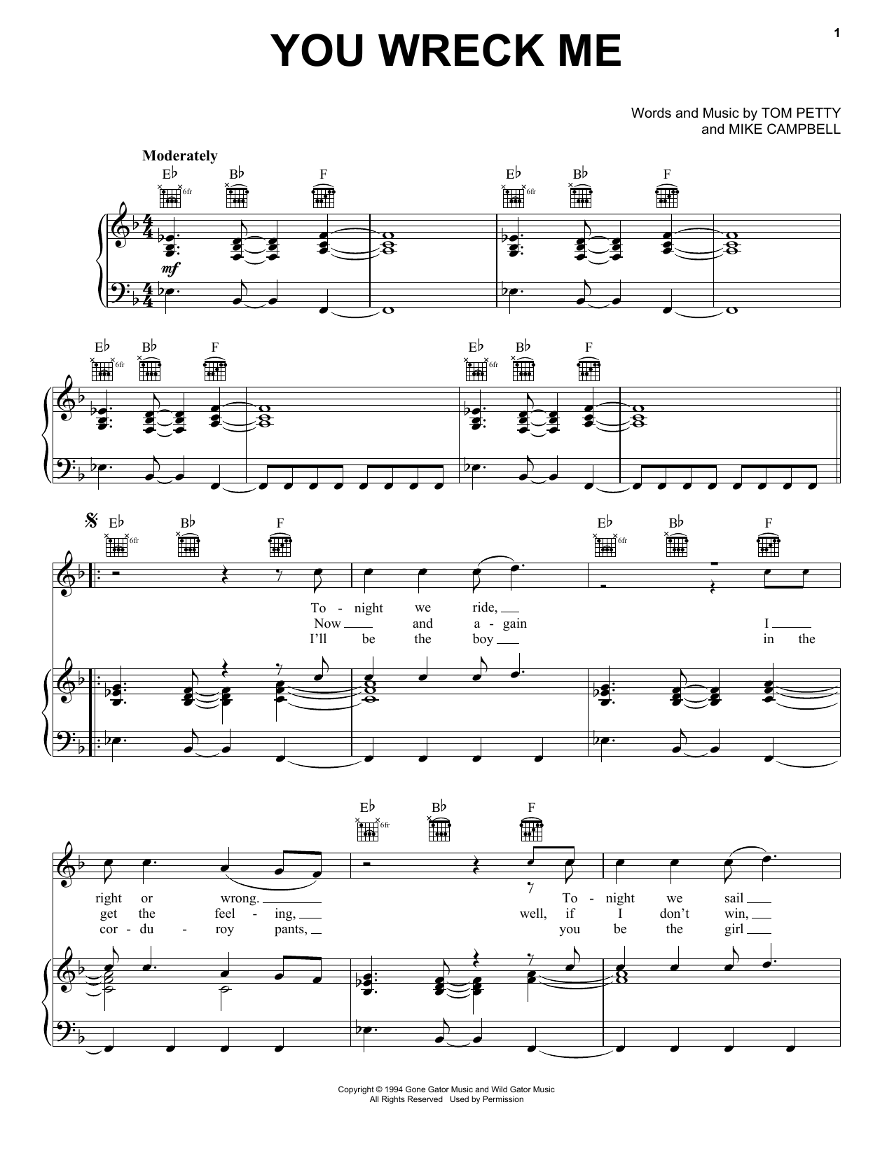 Tom Petty You Wreck Me sheet music notes and chords arranged for Guitar Chords/Lyrics