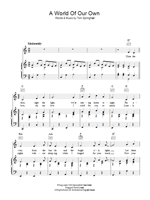 Tom Springfield A World Of Our Own sheet music notes and chords. Download Printable PDF.