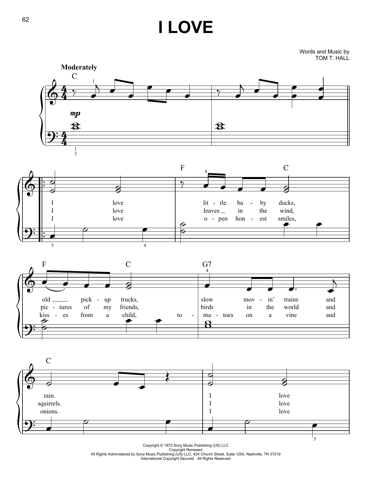 Tom T. Hall I Love sheet music notes and chords arranged for Easy Piano