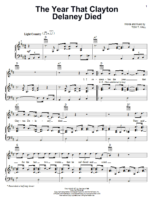 Learn to play Tom T. Hall The Year That Clayton Delaney Died sheet music for Piano, Vocal & Guitar Chords (Right-Hand Melody) in minutes. Price: 7.8900$ Tom T. Hall The Year That Clayton Delaney Died sheet music notes and chords arranged for Piano, Vocal & Guitar Chords (Right-Hand Melody)