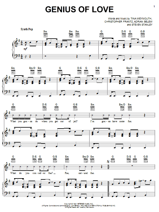 Learn to play Tom Tom Club Genius Of Love sheet music for Piano, Vocal & Guitar Chords (Right-Hand Melody) in minutes. Price: 7.8900$ Tom Tom Club Genius Of Love sheet music notes and chords arranged for Piano, Vocal & Guitar Chords (Right-Hand Melody)