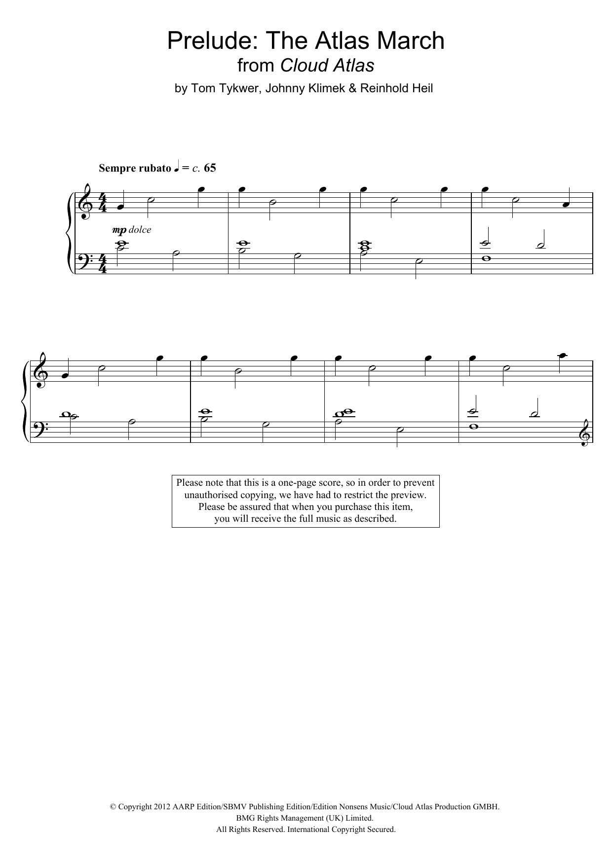 Tom Tykwer Prelude: The Atlas March sheet music notes and chords arranged for Piano Solo