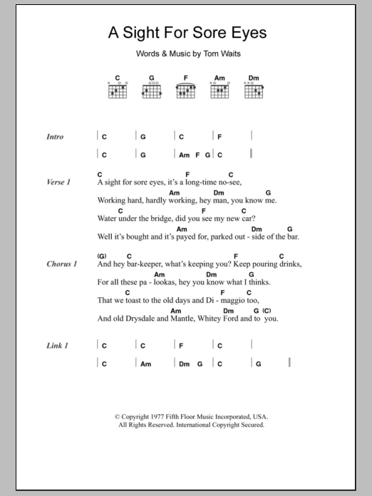 Tom Waits A Sight For Sore Eyes sheet music notes and chords arranged for Piano, Vocal & Guitar Chords