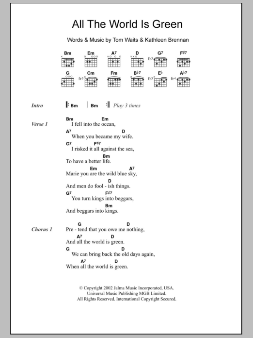 Tom Waits All The World Is Green sheet music notes and chords. Download Printable PDF.