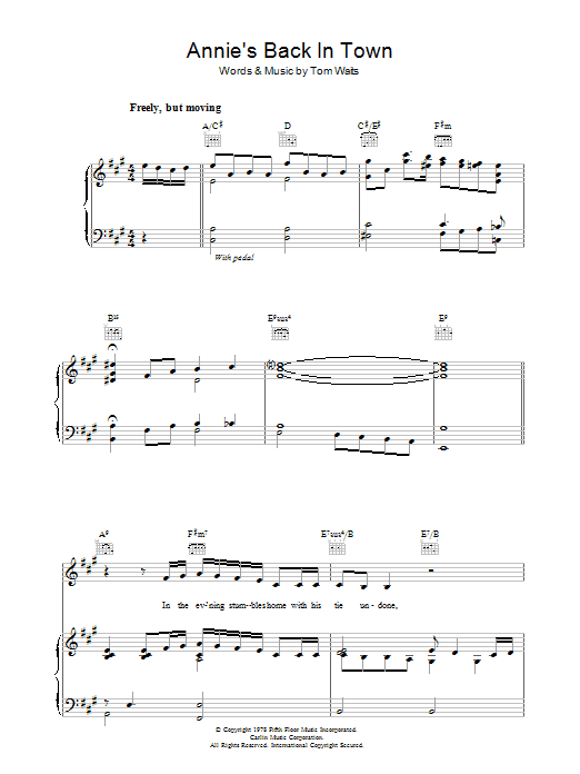 Learn to play Tom Waits Annie's Back In Town sheet music for Piano, Vocal & Guitar Chords in minutes. Price: 7.8900$ Tom Waits Annie's Back In Town sheet music notes and chords arranged for Piano, Vocal & Guitar Chords