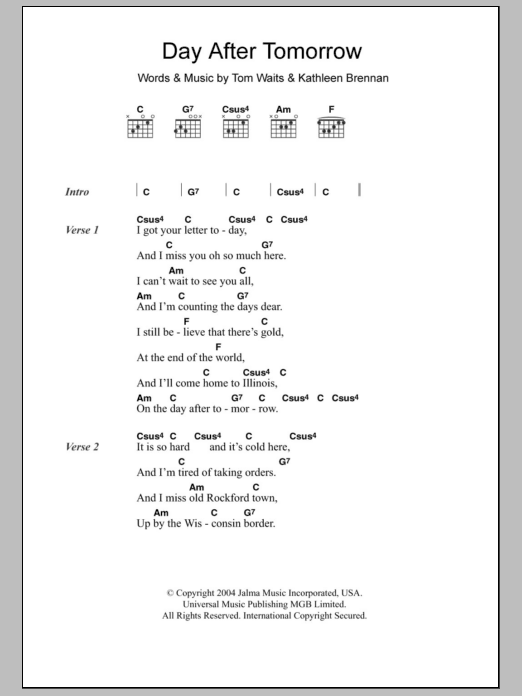 Tom Waits Day After Tomorrow sheet music notes and chords. Download Printable PDF.