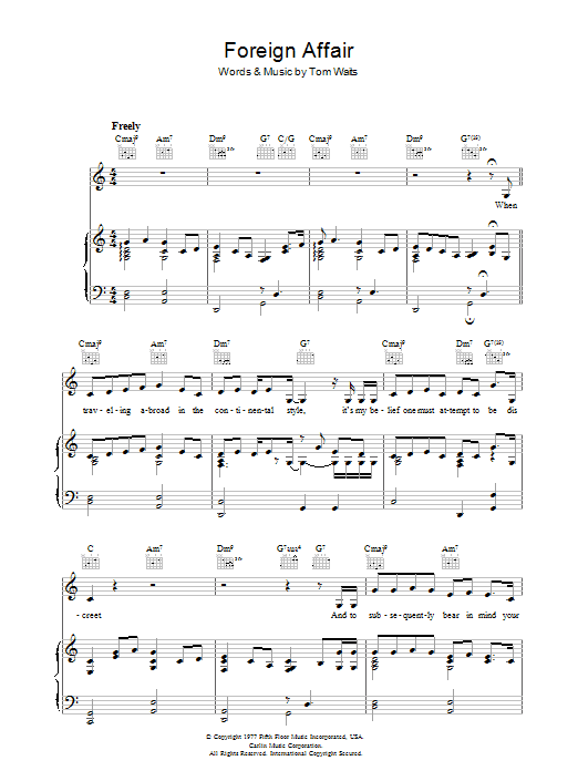 Learn to play Tom Waits Foreign Affair sheet music for Piano, Vocal & Guitar Chords in minutes. Price: 7.8900$ Tom Waits Foreign Affair sheet music notes and chords arranged for Piano, Vocal & Guitar Chords