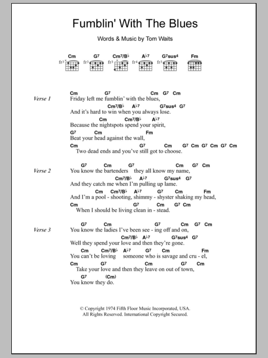 Tom Waits Fumblin' With The Blues sheet music notes and chords. Download Printable PDF.