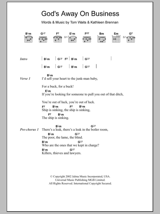 Tom Waits God's Away On Business sheet music notes and chords. Download Printable PDF.