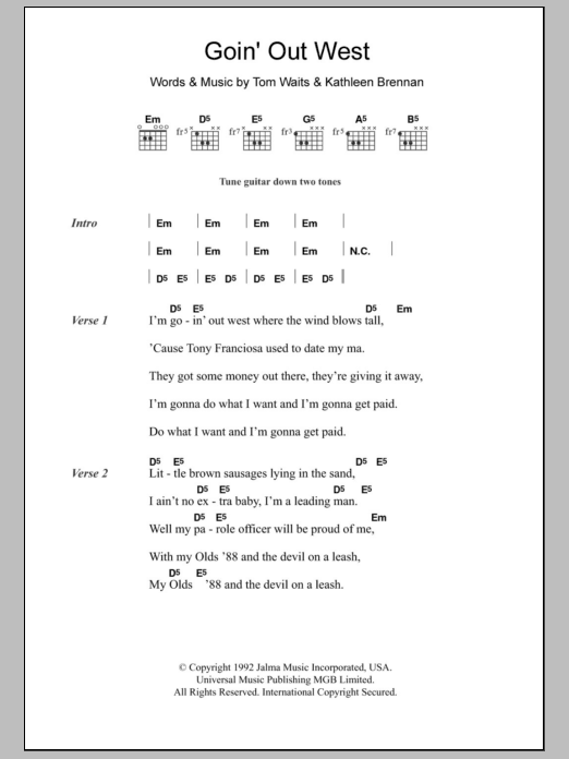 Tom Waits Goin' Out West sheet music notes and chords. Download Printable PDF.