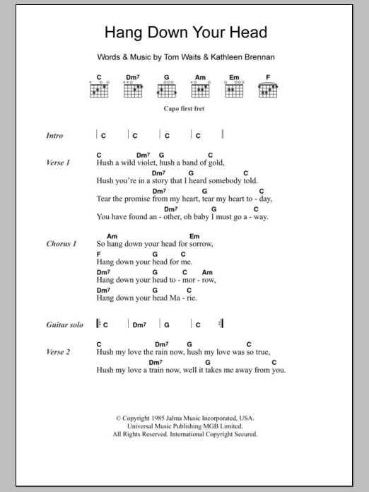 Tom Waits Hang Down Your Head sheet music notes and chords. Download Printable PDF.