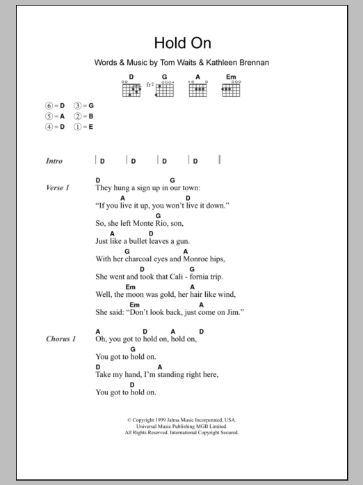 Tom Waits Hold On sheet music notes and chords arranged for Piano, Vocal & Guitar Chords