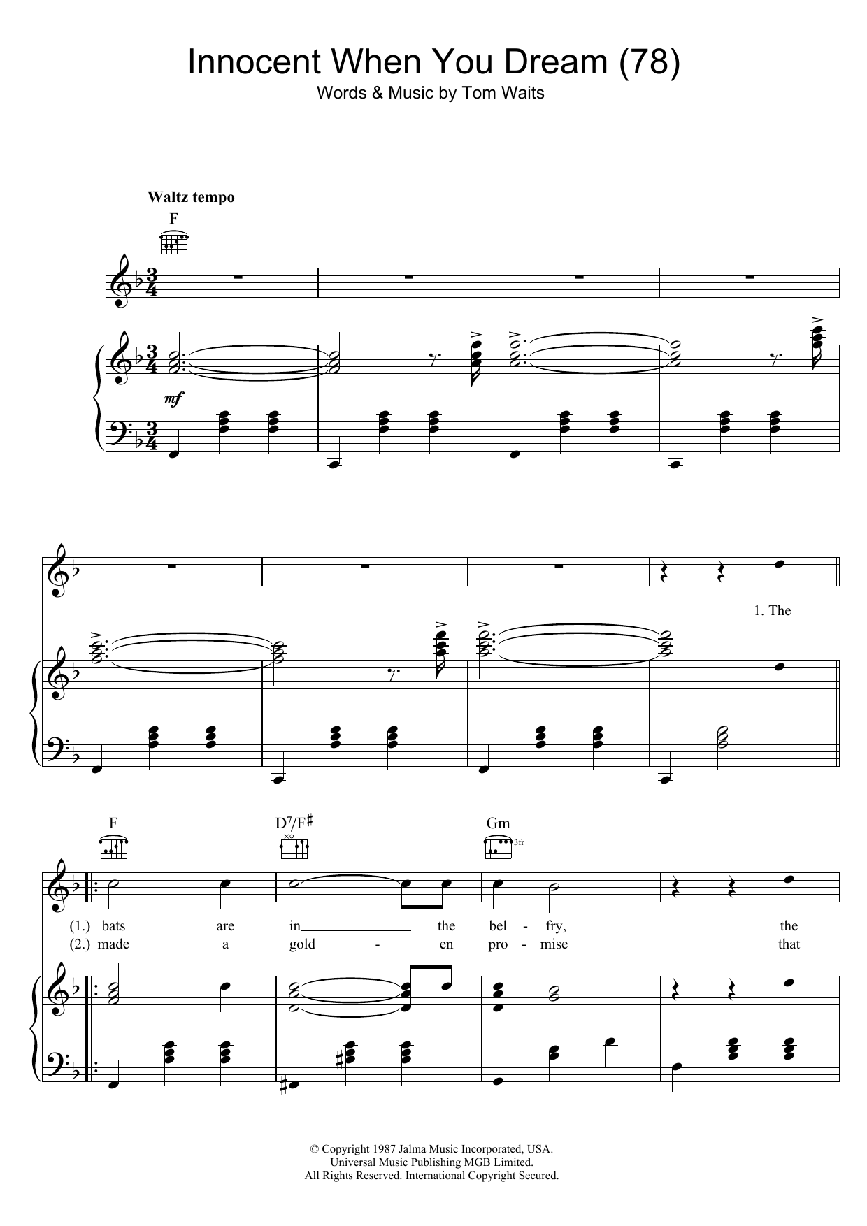 Tom Waits Innocent When You Dream (78) sheet music notes and chords. Download Printable PDF.