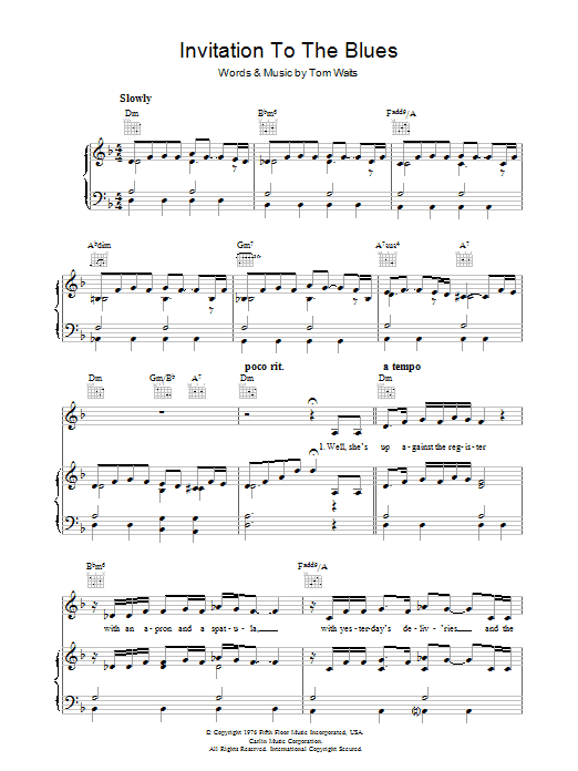 Tom Waits Invitation To The Blues sheet music notes and chords. Download Printable PDF.