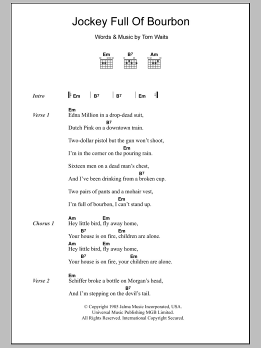 Tom Waits Jockey Full Of Bourbon sheet music notes and chords. Download Printable PDF.