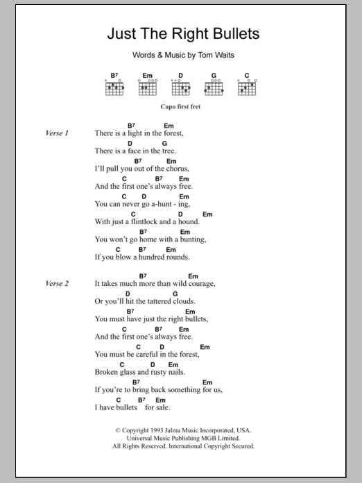 Tom Waits Just The Right Bullets sheet music notes and chords. Download Printable PDF.