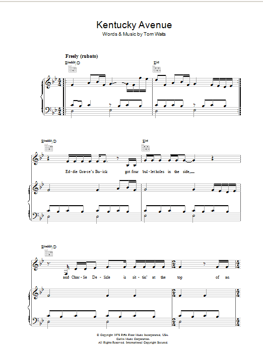 Learn to play Tom Waits Kentucky Avenue sheet music for Piano, Vocal & Guitar Chords in minutes. Price: 7.8900$ Tom Waits Kentucky Avenue sheet music notes and chords arranged for Piano, Vocal & Guitar Chords