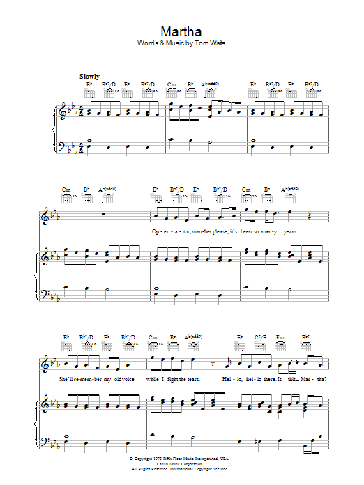 Tom Waits Martha sheet music notes and chords. Download Printable PDF.