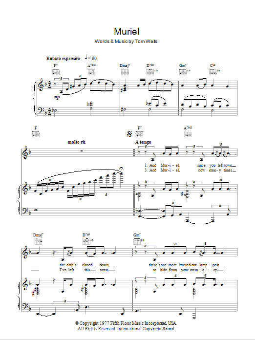 Tom Waits Muriel sheet music notes and chords arranged for Piano, Vocal & Guitar Chords