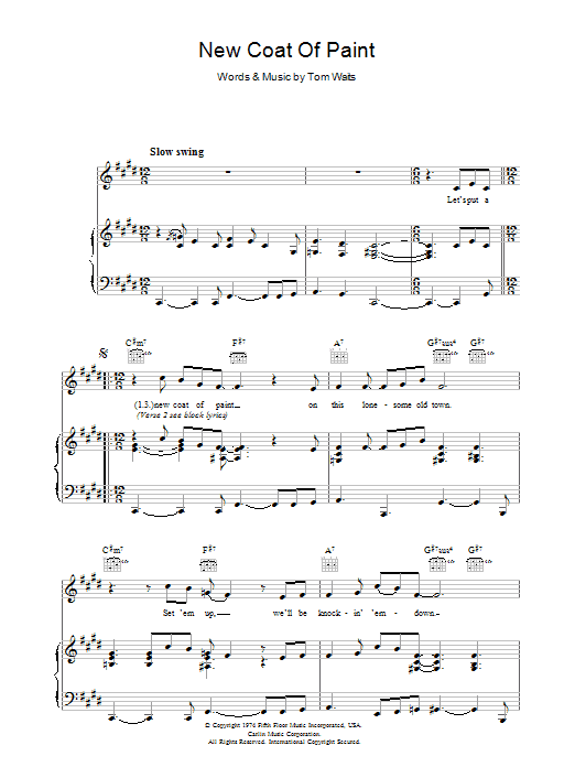 Learn to play Tom Waits New Coat Of Paint sheet music for Piano, Vocal & Guitar Chords in minutes. Price: 7.8900$ Tom Waits New Coat Of Paint sheet music notes and chords arranged for Piano, Vocal & Guitar Chords