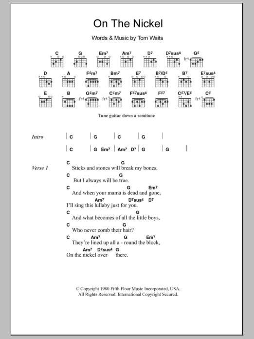 Tom Waits On The Nickel sheet music notes and chords. Download Printable PDF.