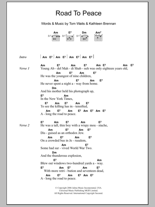 Tom Waits Road To Peace sheet music notes and chords. Download Printable PDF.