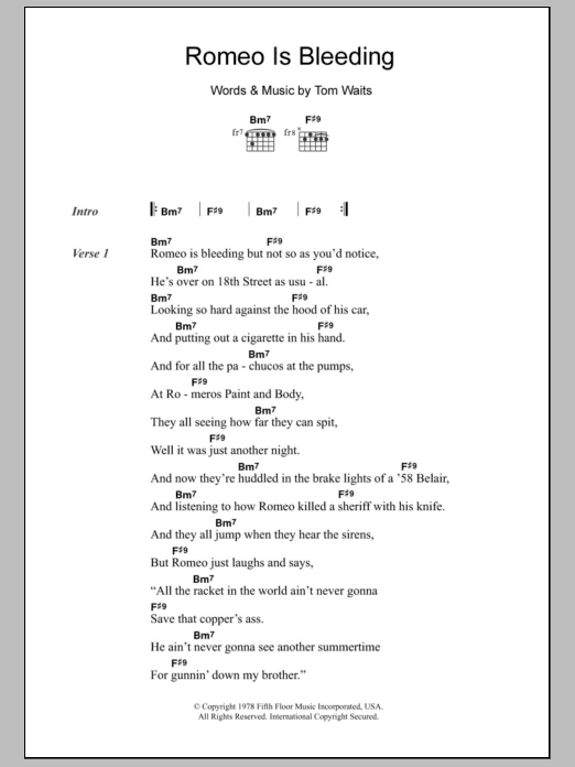 Tom Waits Romeo Is Bleeding sheet music notes and chords. Download Printable PDF.