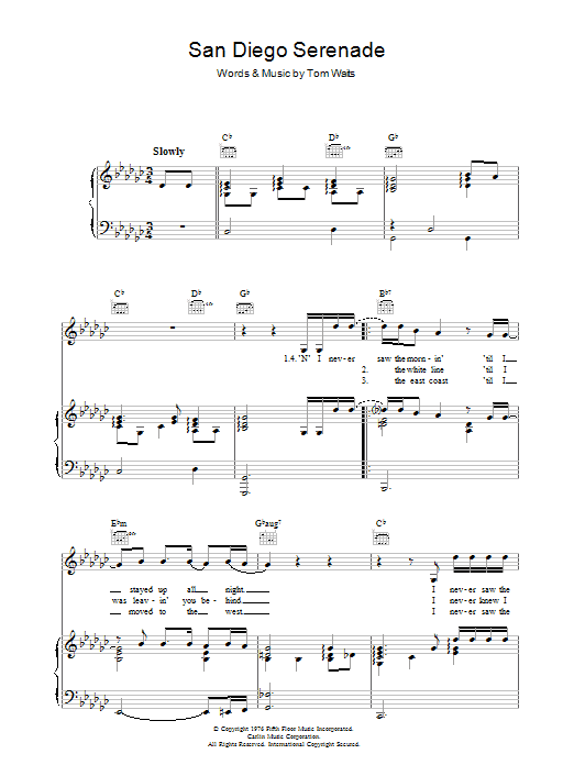 Tom Waits San Diego Serenade sheet music notes and chords. Download Printable PDF.