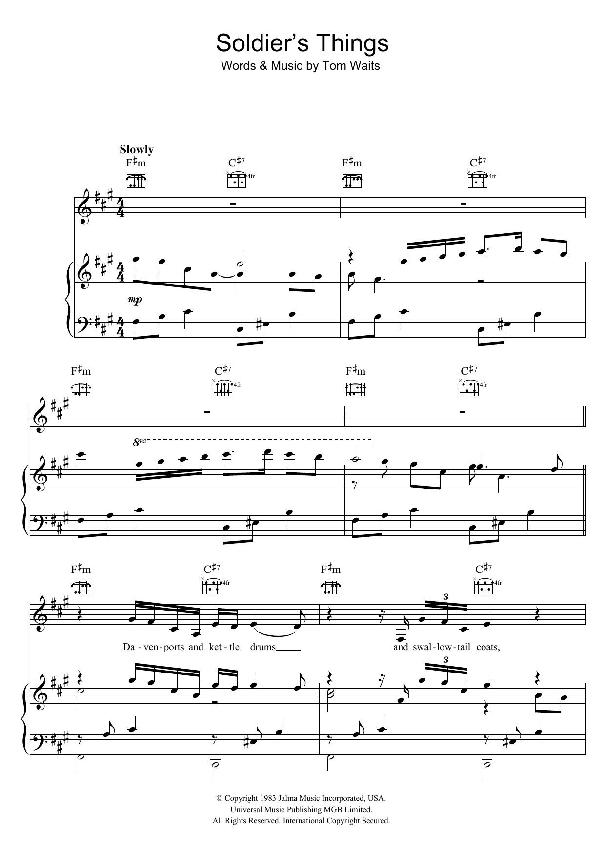 Learn to play Tom Waits Soldier's Things sheet music for Piano, Vocal & Guitar Chords in minutes. Price: 7.8900$ Tom Waits Soldier's Things sheet music notes and chords arranged for Piano, Vocal & Guitar Chords