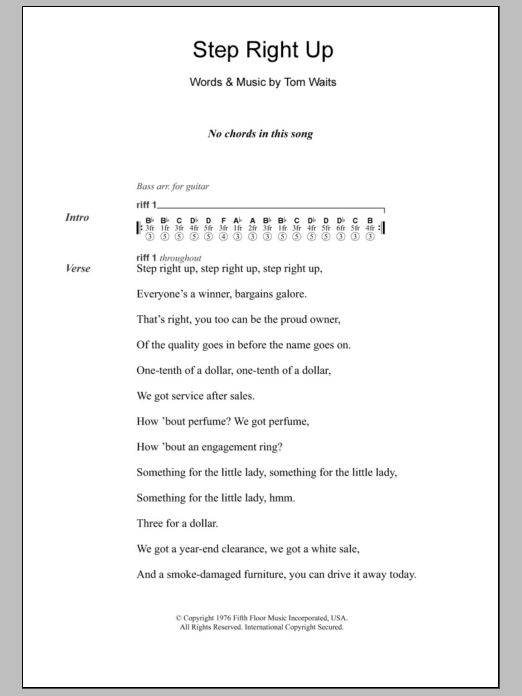 Tom Waits Step Right Up sheet music notes and chords. Download Printable PDF.